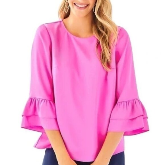 Lilly Pulitzer Top Womens Large Mandevilla Pink Christie Ruffle Sleeve Blouse - Picture 1 of 9